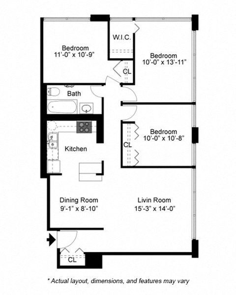3 Bedroom floor plan at 2101 S. Michigan Apartments